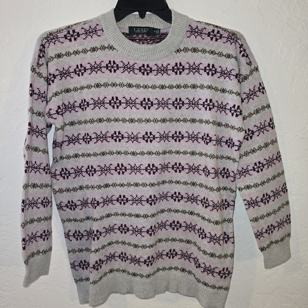 NEW Lauren Ralph Lauren Wool Blend Sweater Grey Purple Snowflakes Medium $165